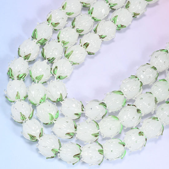 White tulip flower bud lampwork glass beads, 11 inch strand