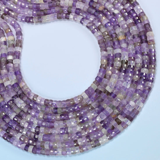 Amethyst faceted heishi disc beads curved into an open loop, purple and light lavender beads