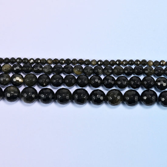 Gold Obsidian Faceted Round Beads in near-black with olive bronze-gold sheen