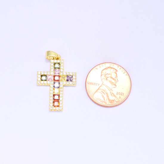 Zirconia cross charm in gold plated brass, shown at 24.15 x 16.29mm including the ring
