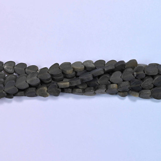 Matte Gold Obsidian Flat Heart Beads, flat charcoal-black hearts with a frosted surface