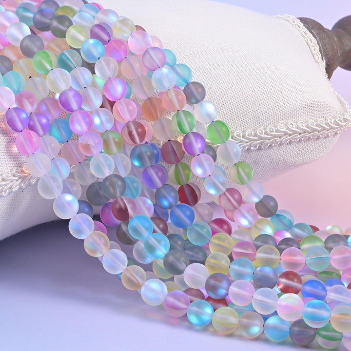 Matte Rainbow Aura Round Glass Beads, man-made glass with soft iridescent shimmer