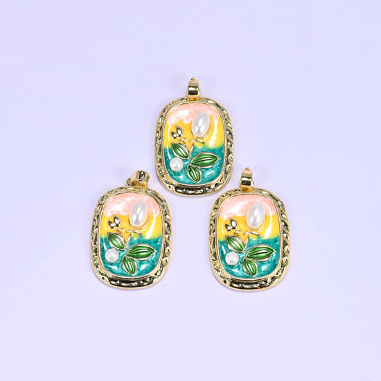 Enamel Rectangular Tulip Charms: 18K Gold Filled Pendants, Jewelry Making Supply