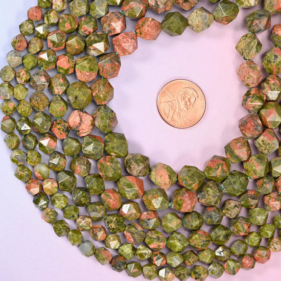 Unakite Faceted Diamond Star Cut Beads, sold per 15.5 inch strand