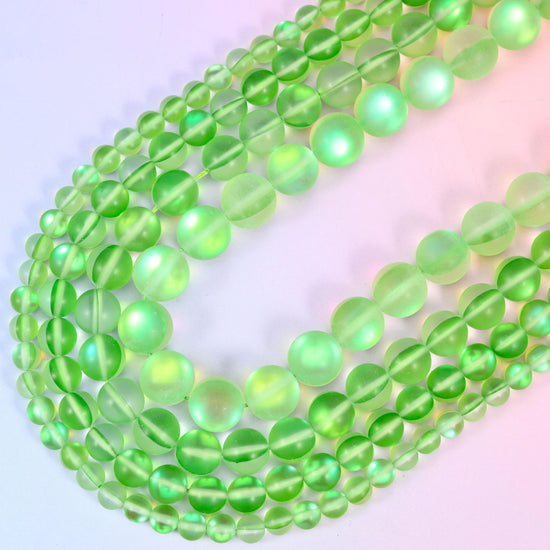 Mystic Aura Matte Light Green Round Glass Beads, 15 inch strand