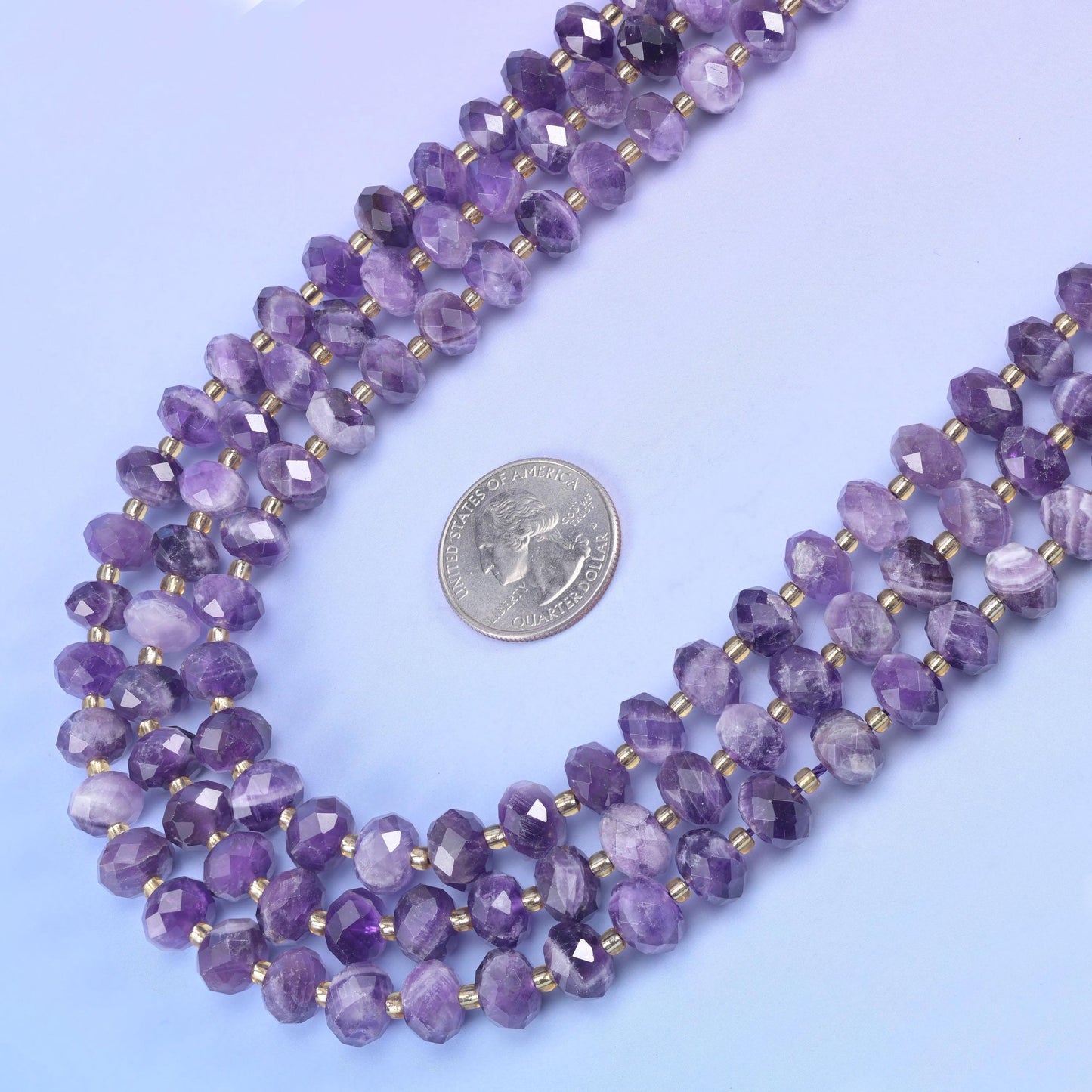 Chevron Amethyst Faceted Rondelle Beads 6x10mm in violet with milky white and pale lavender chevron banding