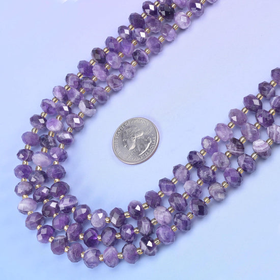 Chevron Amethyst Faceted Rondelle Beads 6x10mm in violet with milky white and pale lavender chevron banding