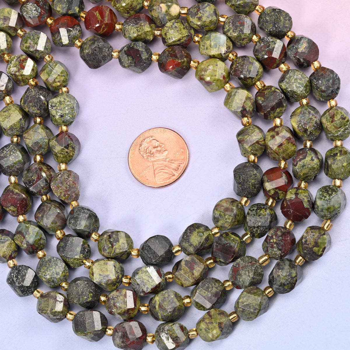 Dragon Bloodstone natural stone beads, 10mm faceted spiral twist beads on a full 15 inch strand