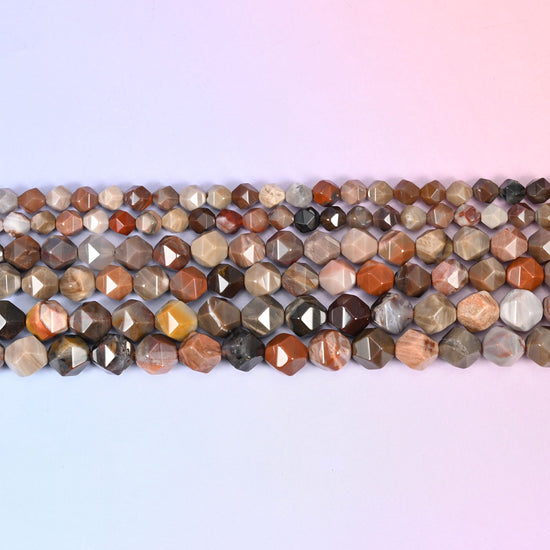 Petrified Wood in warm taupe, cream, rust and chocolate showing natural grain
