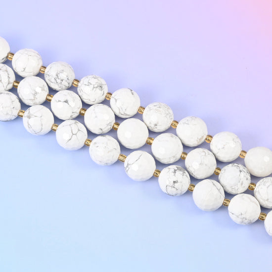 Faceted round cut white howlite beads