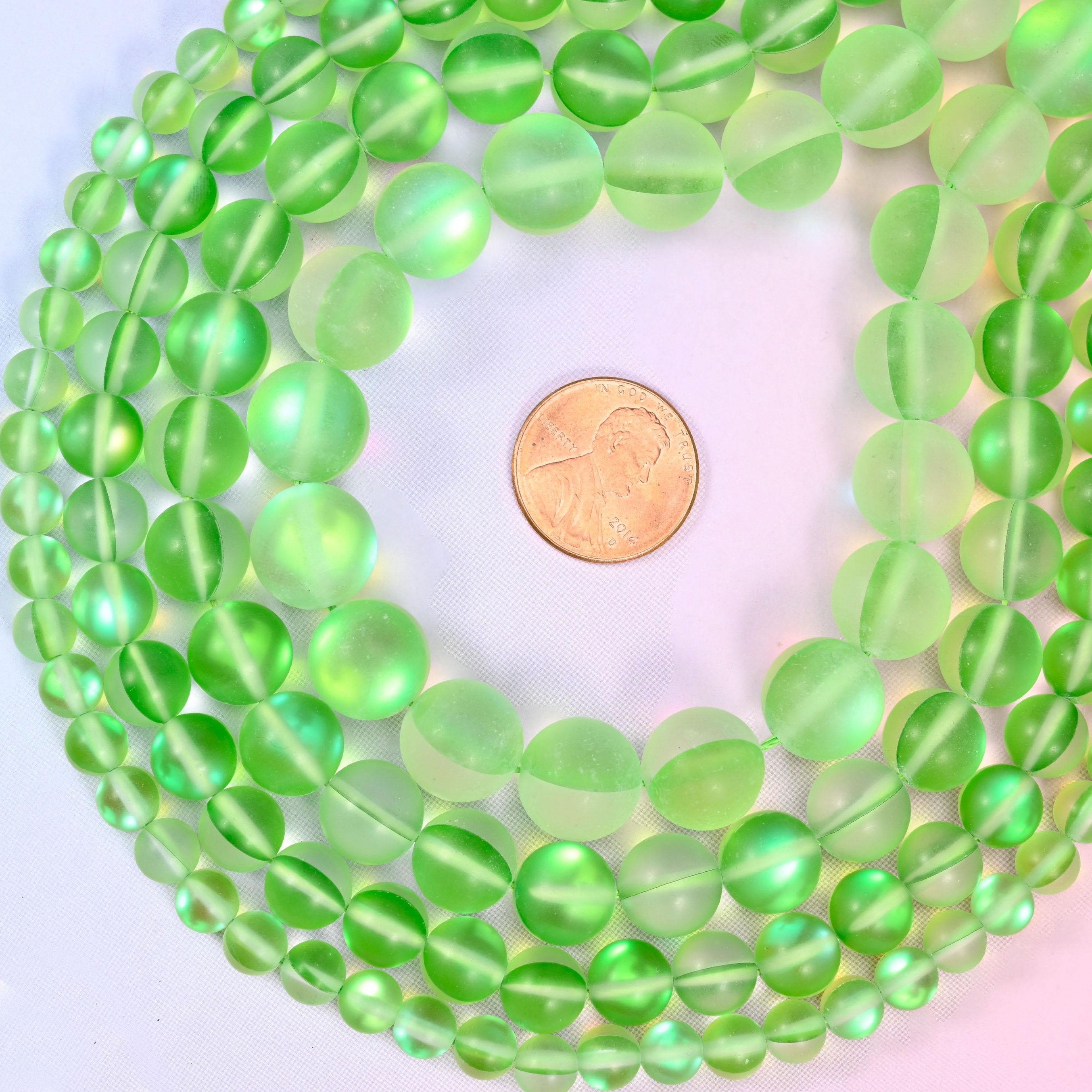 Mystic Aura Matte Light Green Round Glass Beads, sold per 15 inch strand