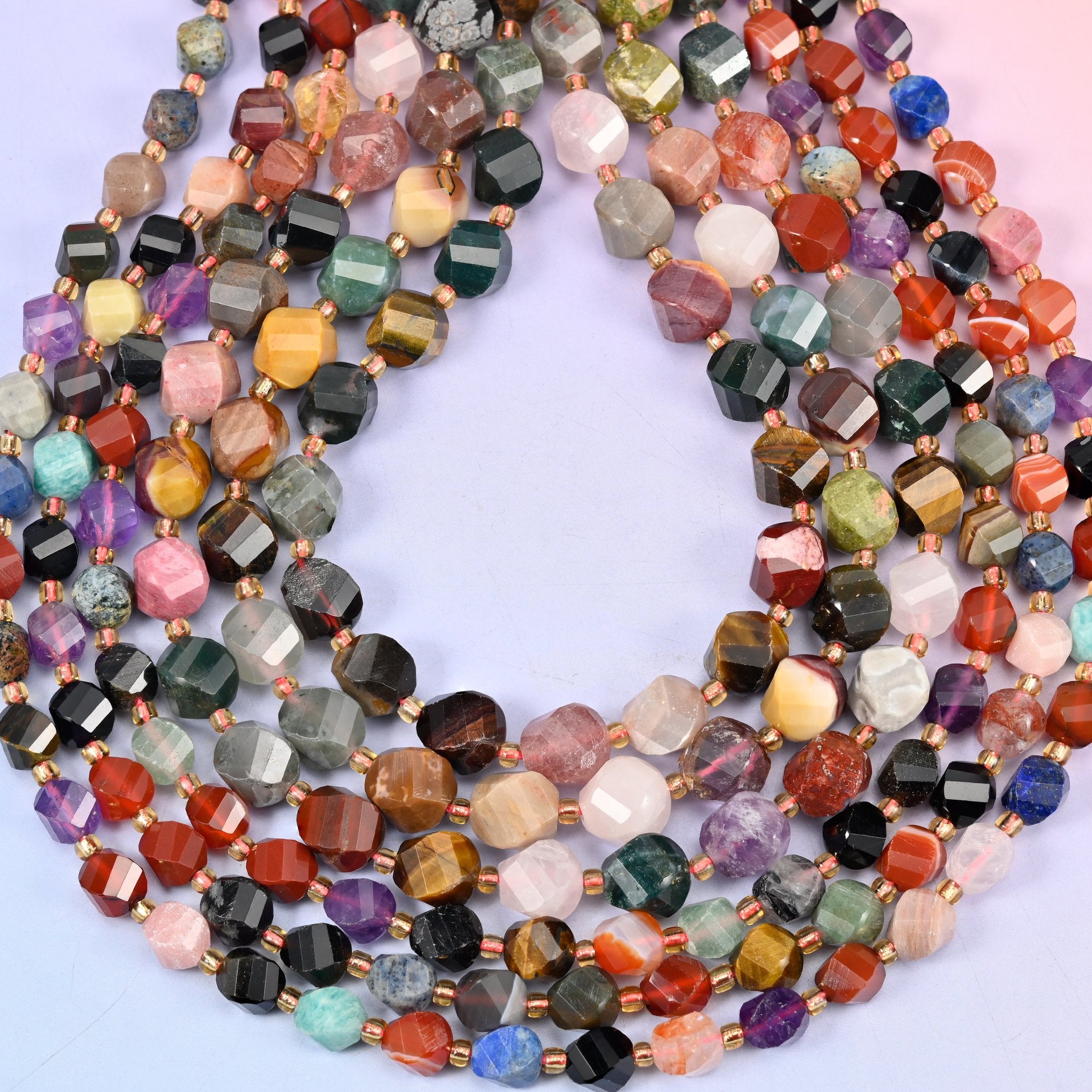 Assorted Gemstone Faceted Spiral Twist Beads 8mm 10mm, hole approximately 1.2mm (+/- 0.2mm), center drilled