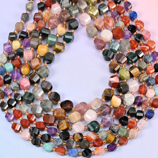 Assorted Gemstone Faceted Spiral Twist Beads 8mm 10mm, hole approximately 1.2mm (+/- 0.2mm), center drilled