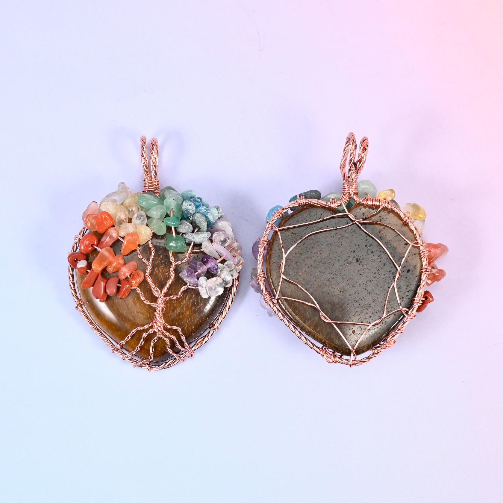 Heart Gemstone Pendant with Copper Wired Tree of Life, coral, aqua, olive and violet chip tips