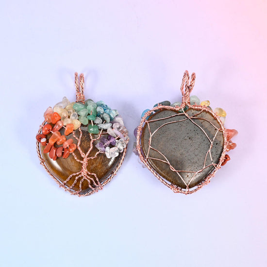 Heart Gemstone Pendant with Copper Wired Tree of Life, coral, aqua, olive and violet chip tips