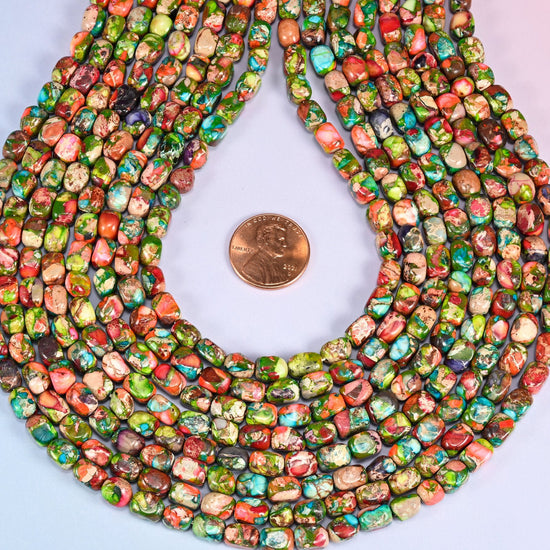 Small tumbled nuggets in dyed apple and moss green Sea Sediment Jasper, veined and blotched with brick red, turquoise, tan and cream