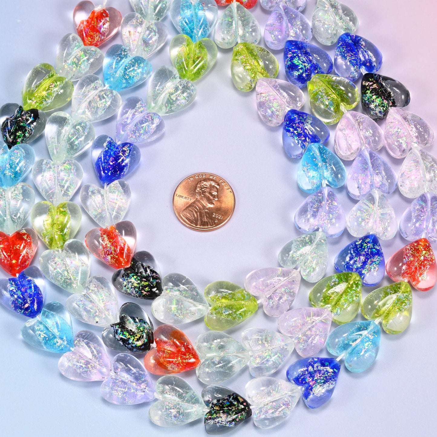 Iridescent Multicolor Heart Glass Beads, 24 beads per strand