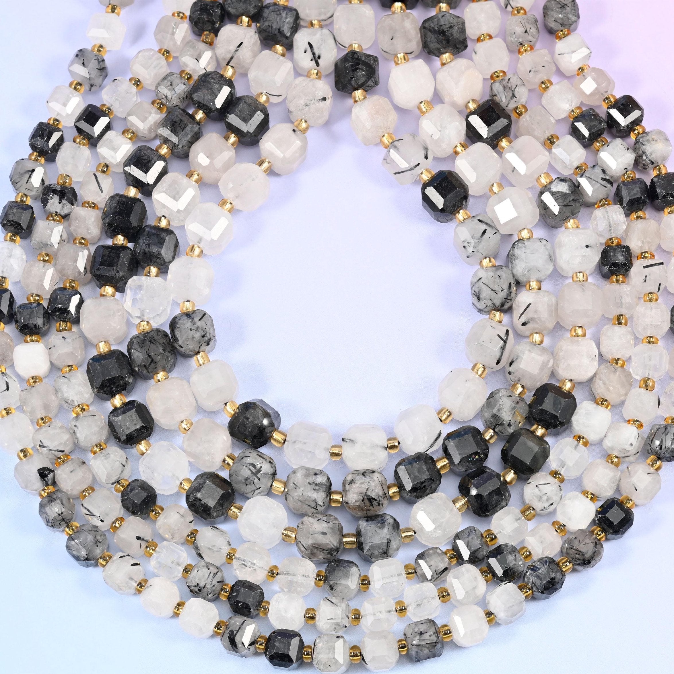 Black Rutilated Quartz Faceted Cube Beads 6mm 8mm, hole approximately 1.2mm (+/- 0.2mm), center drilled