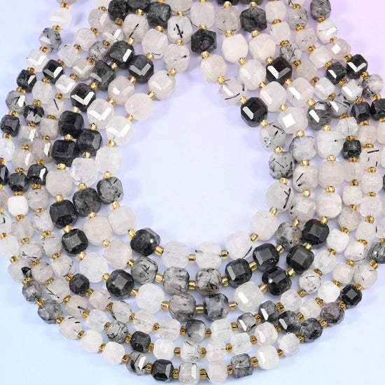 Black Rutilated Quartz Faceted Cube Beads 6mm 8mm, hole approximately 1.2mm (+/- 0.2mm), center drilled