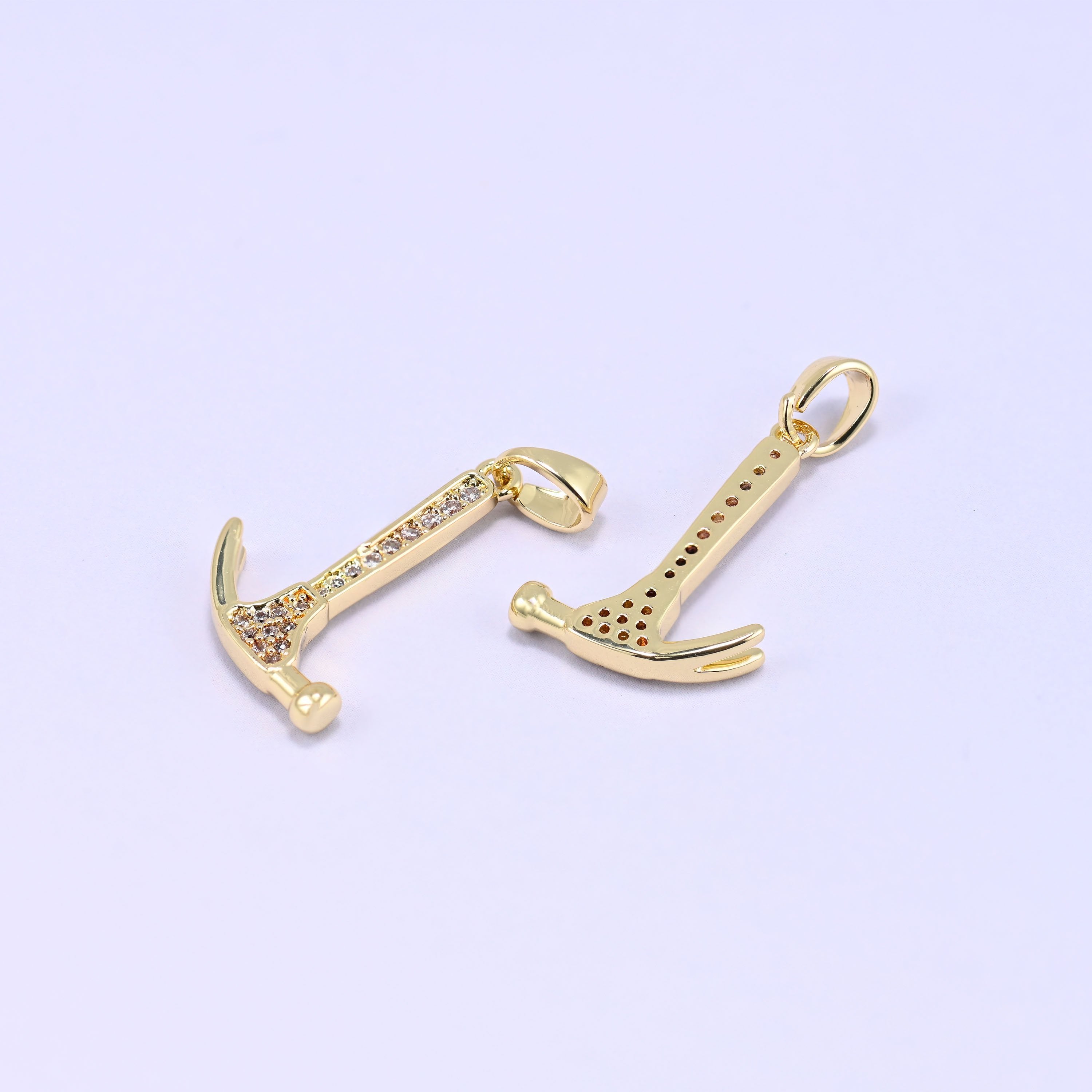 18K Gold Plated Brass Hammer Charm Pendant with sparkling zirconia accent