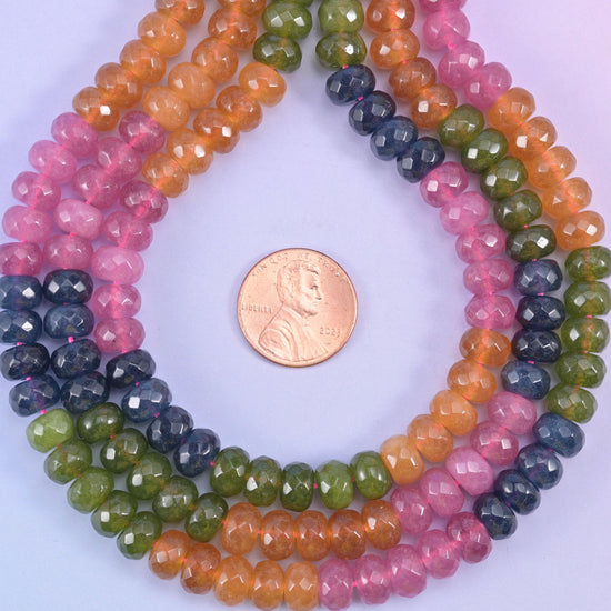 Tourmaline color dyed jade faceted rondelle beads, blocked into olive green, warm apricot, rose pink and deep navy