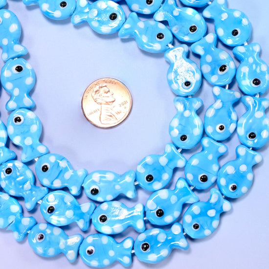 Sky Blue with White Dot Fish Glass Beads, 20 beads per strand