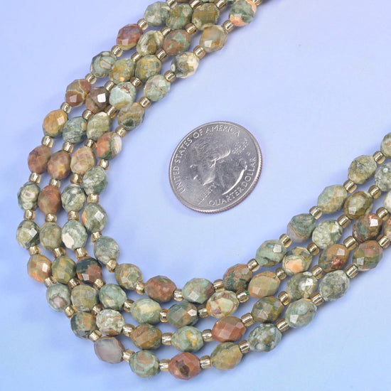 Snake Skin Jasper Faceted Rice Barrel Beads in mottled sage and olive green with tan and rust patches
