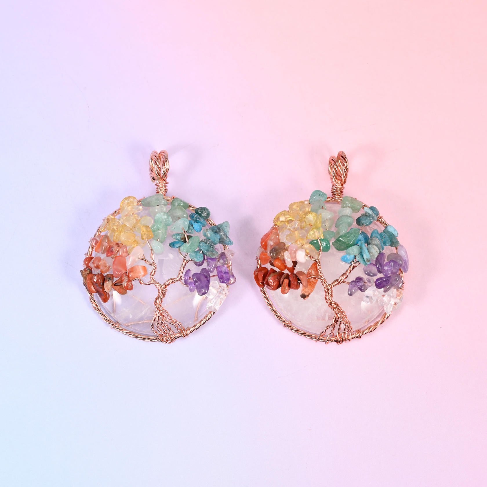 Round Gemstone Pendant with Copper Wired Tree of Life, coral, aqua, olive and violet chip tips