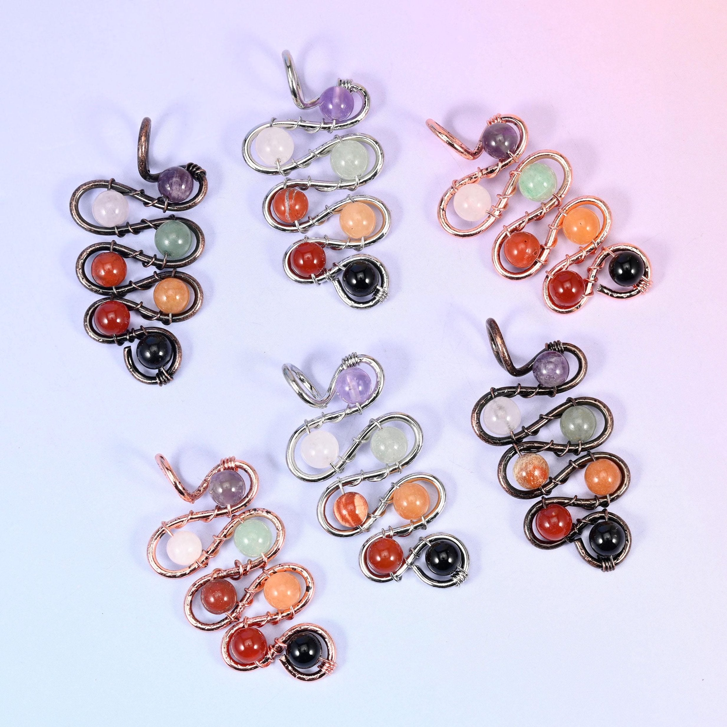 Wired Leaf Mixed Gemstone Swirl Pendant in lilac, pale green, rust orange and black