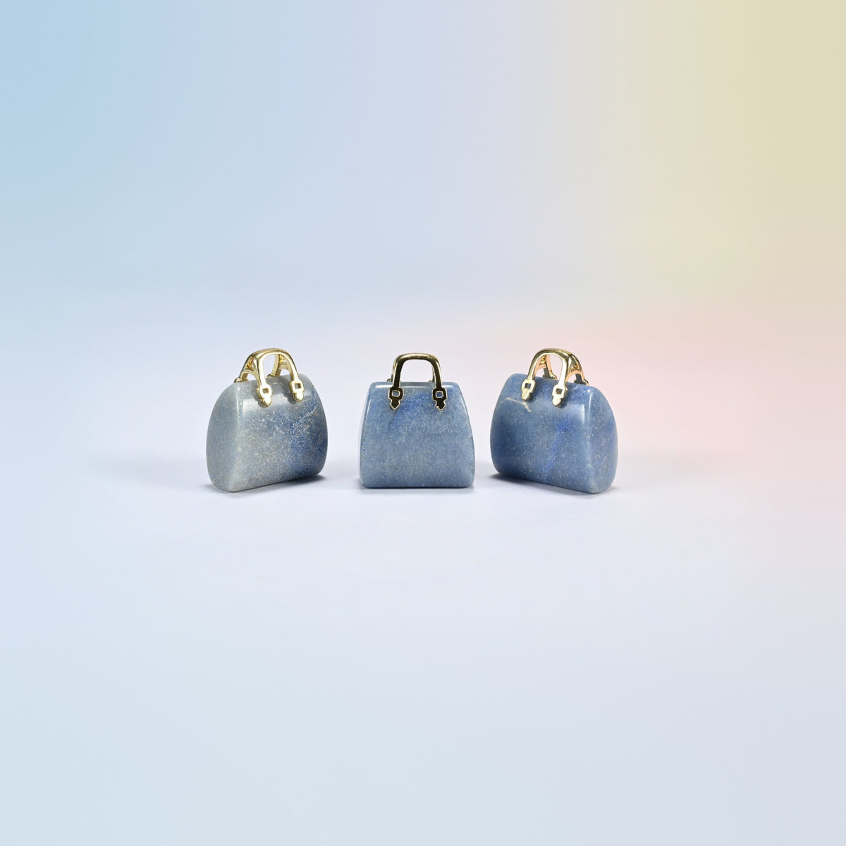 Three blue aventurine purse crystal carvings, 1 inch, blue natural stone with fine sparkle, gold-tone handle