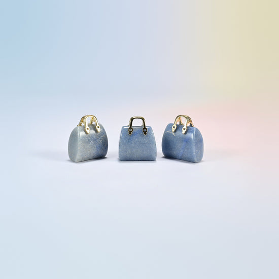 Three blue aventurine purse crystal carvings, 1 inch, blue natural stone with fine sparkle, gold-tone handle
