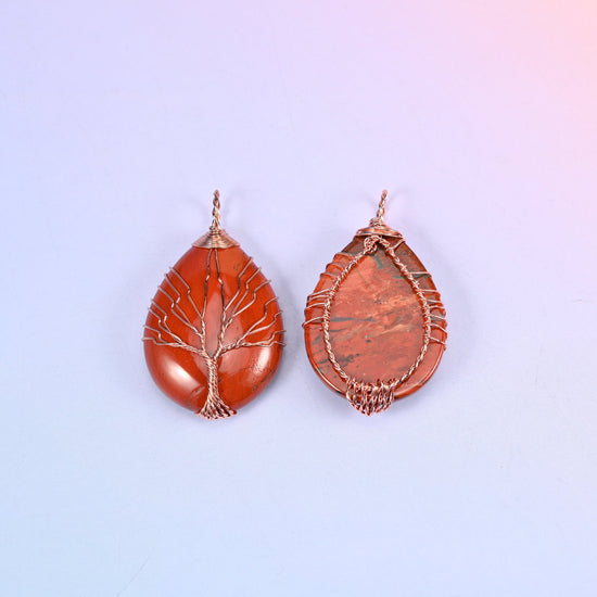 Red jasper Teardrop Crystal Pendant with Copper Wired Tree shown front and back, revealing the plain polished reverse behind the wire wrap.