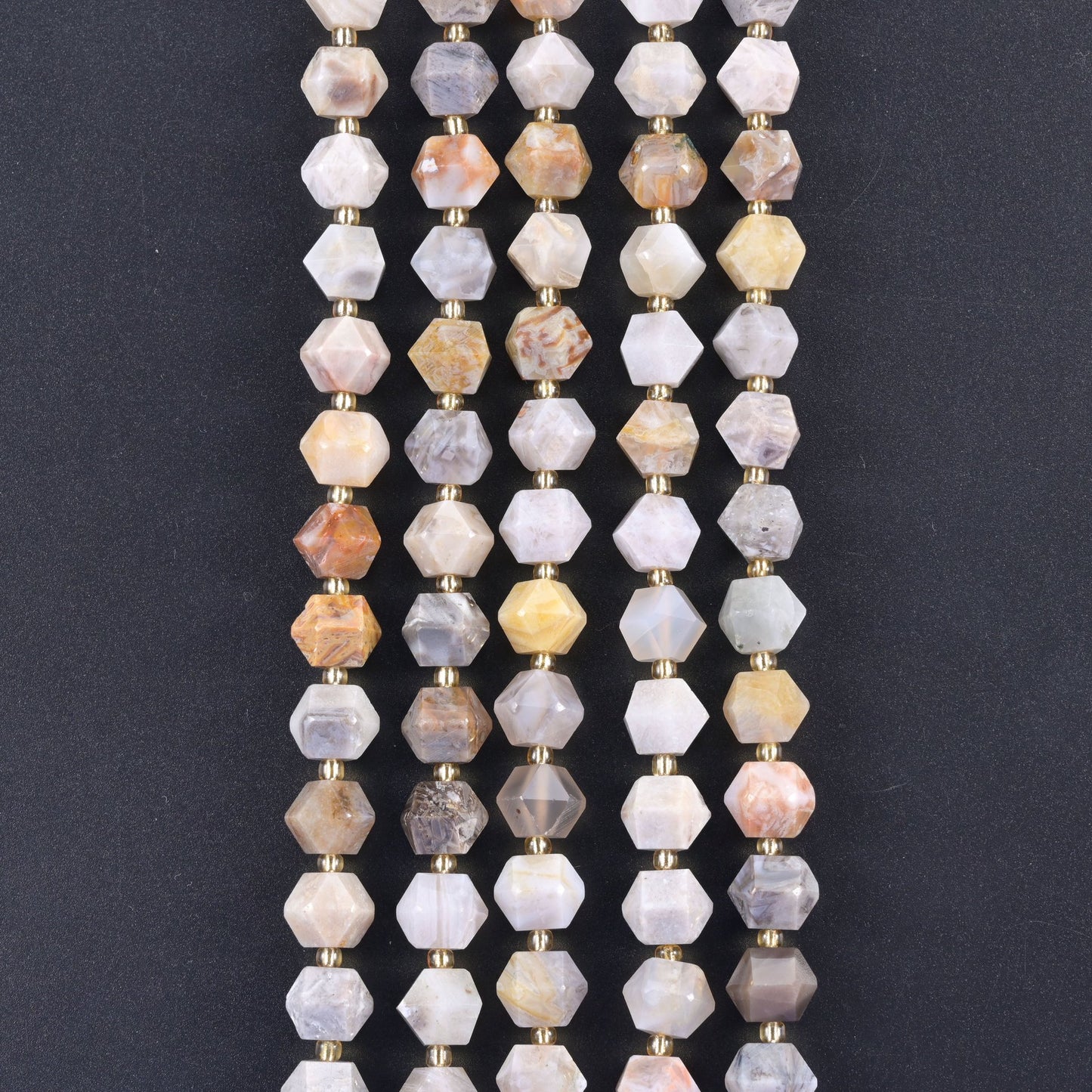 Diamond Rhombus Gemstone Beads, stone options include Bamboo Agate and Bronzite.
