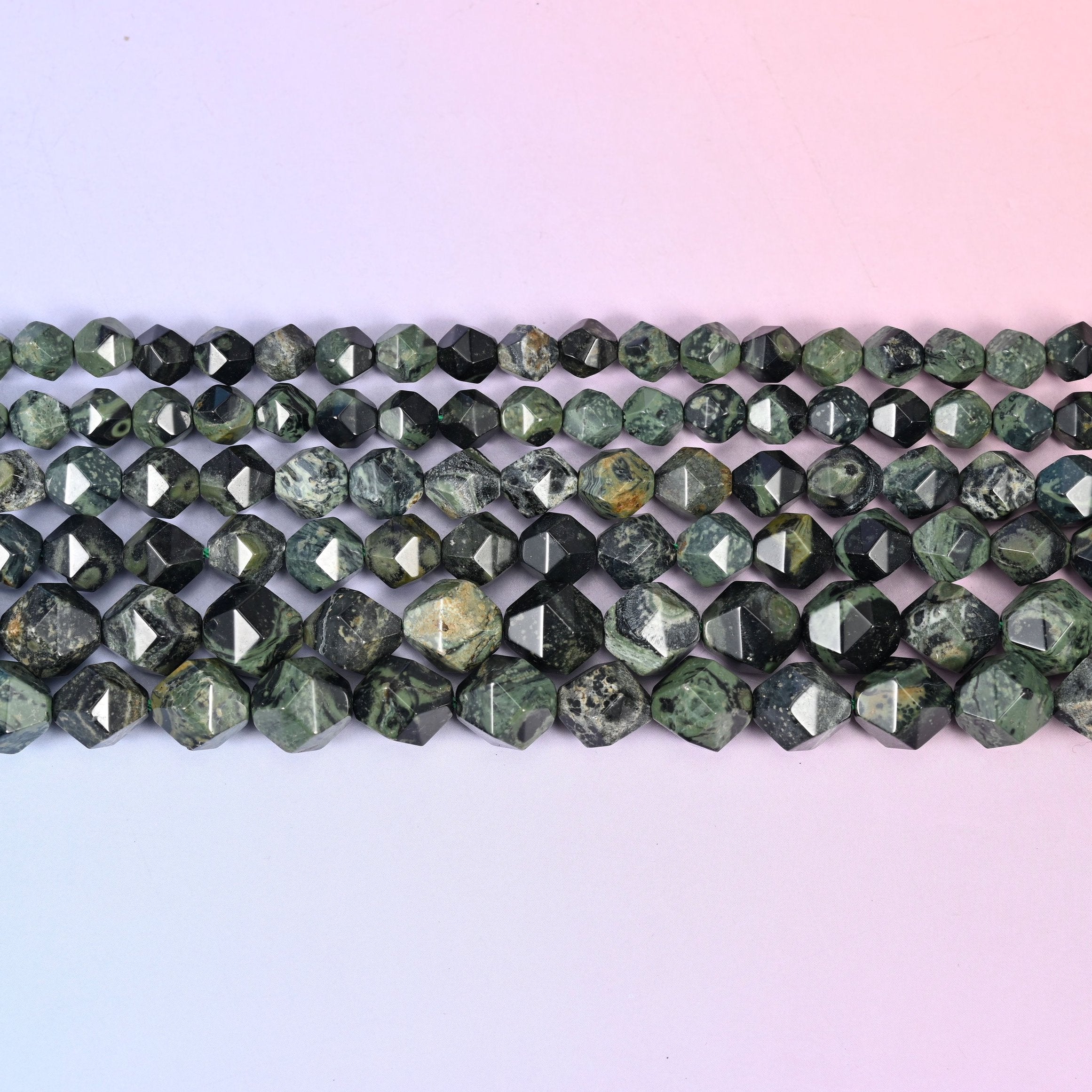 Kambaba Jasper diamond star cut beads in mossy olive and forest green