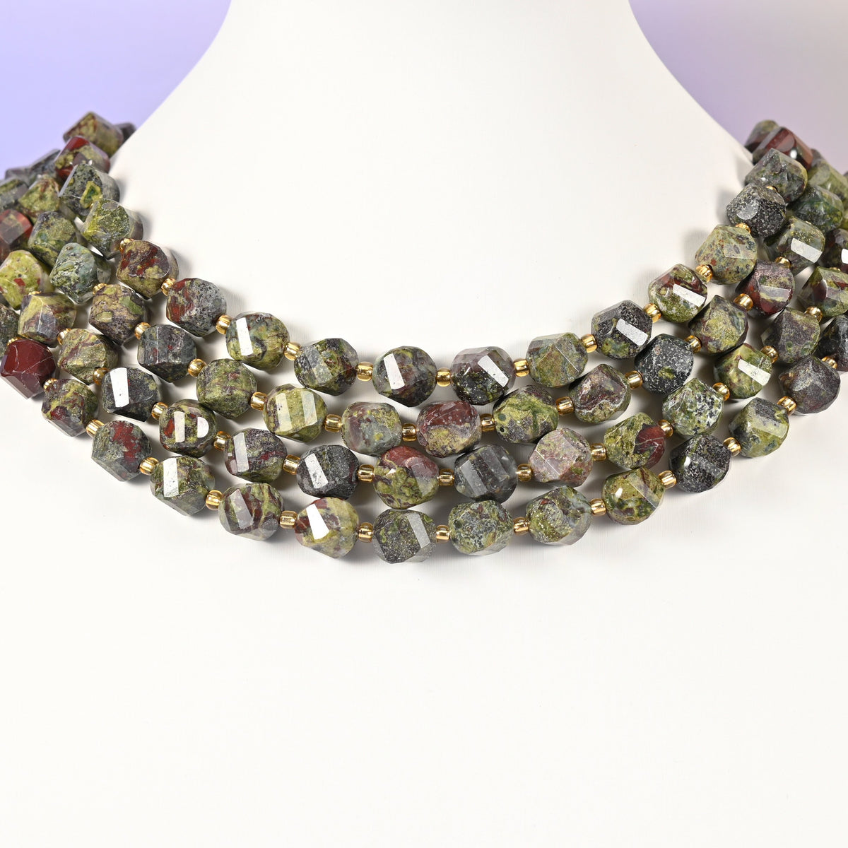 Dragon Bloodstone natural stone beads with a grey-green matrix showing through the 10mm faceted beads