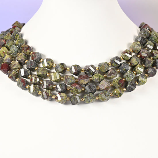 Dragon Bloodstone natural stone beads with a grey-green matrix showing through the 10mm faceted beads