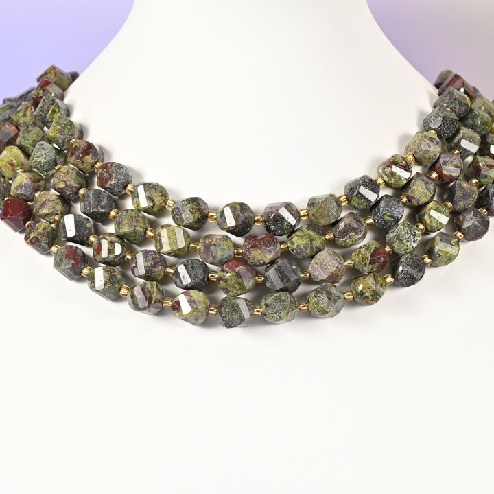 Dragon Bloodstone natural stone beads with a grey-green matrix showing through the 10mm faceted beads