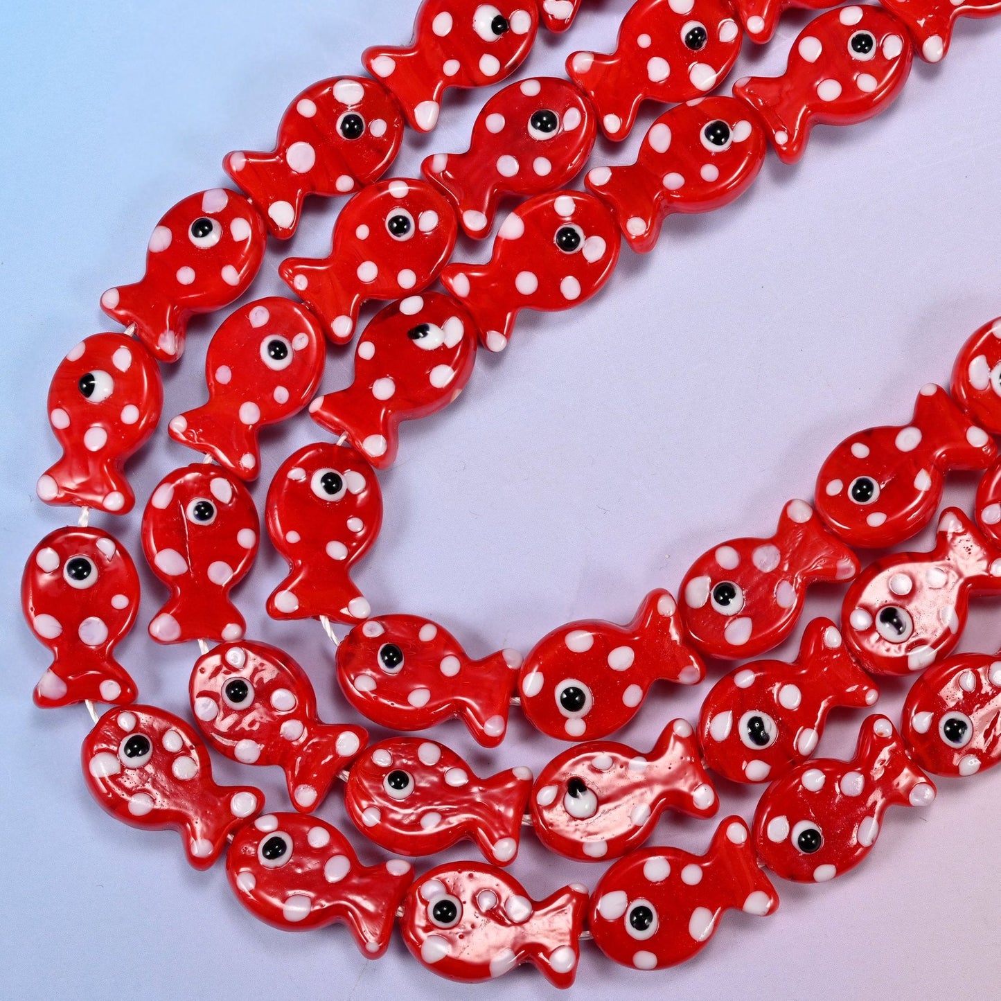 Red with White Dot Fish Glass Beads, 15.5 inch strand
