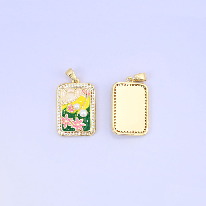 Flower Pearl Zircon Rectangle Pendants: 18K Gold Plated Charms, Jewelry Making Supply
