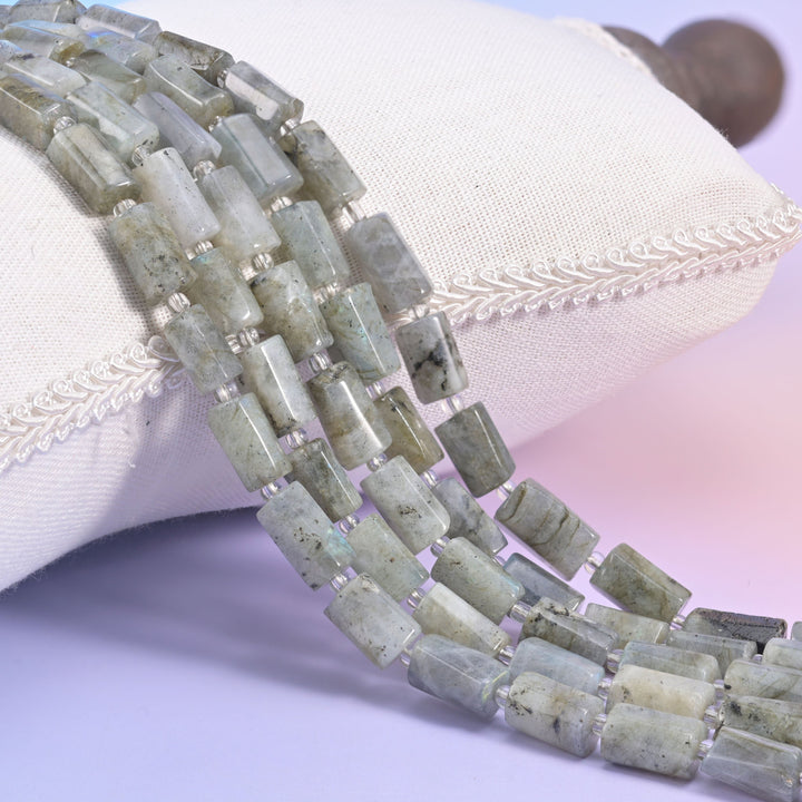 Natural White Labradorite faceted tube beads with a modern, light-catching facet cut.
