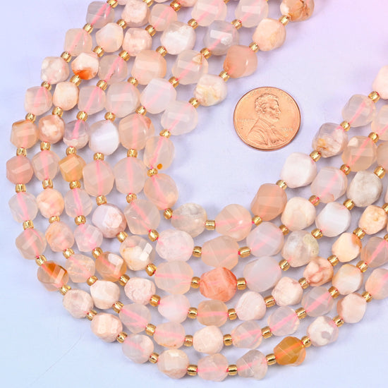 Faceted spiral twist cut Sakura Flower Agate beads