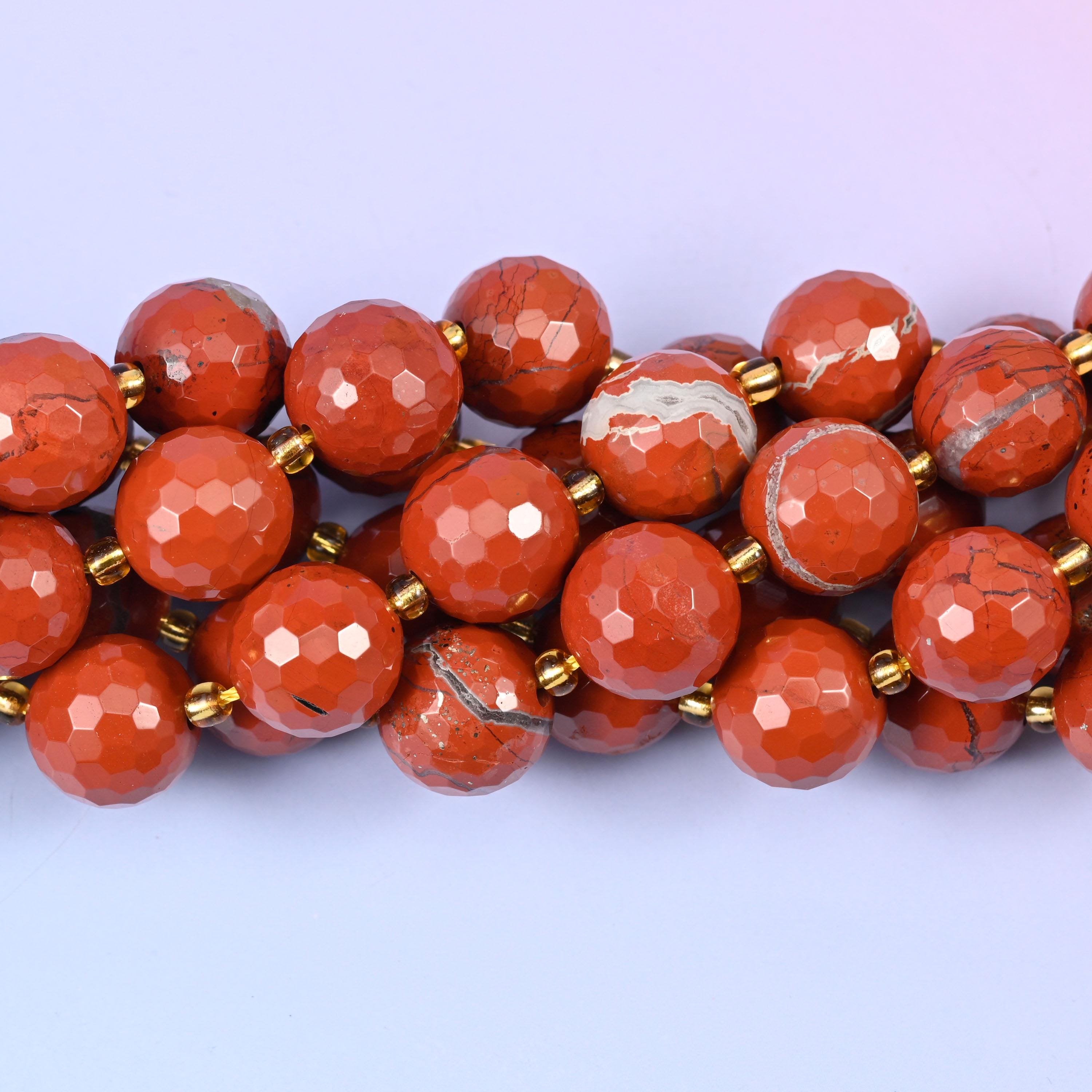 Flower Red Jasper Faceted Round Beads, 15 inch strand