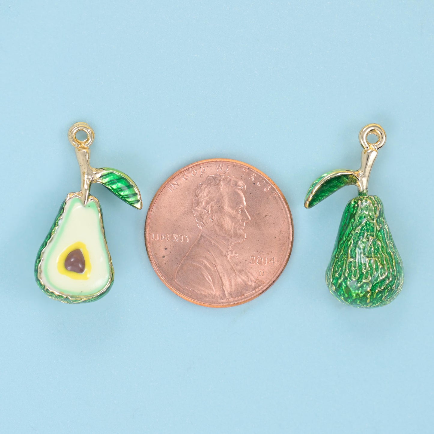 18K Gold Filled Enamel Avocado Charm 18x10mm in deep green with pale yellow-green flesh and a glossy brown pit
