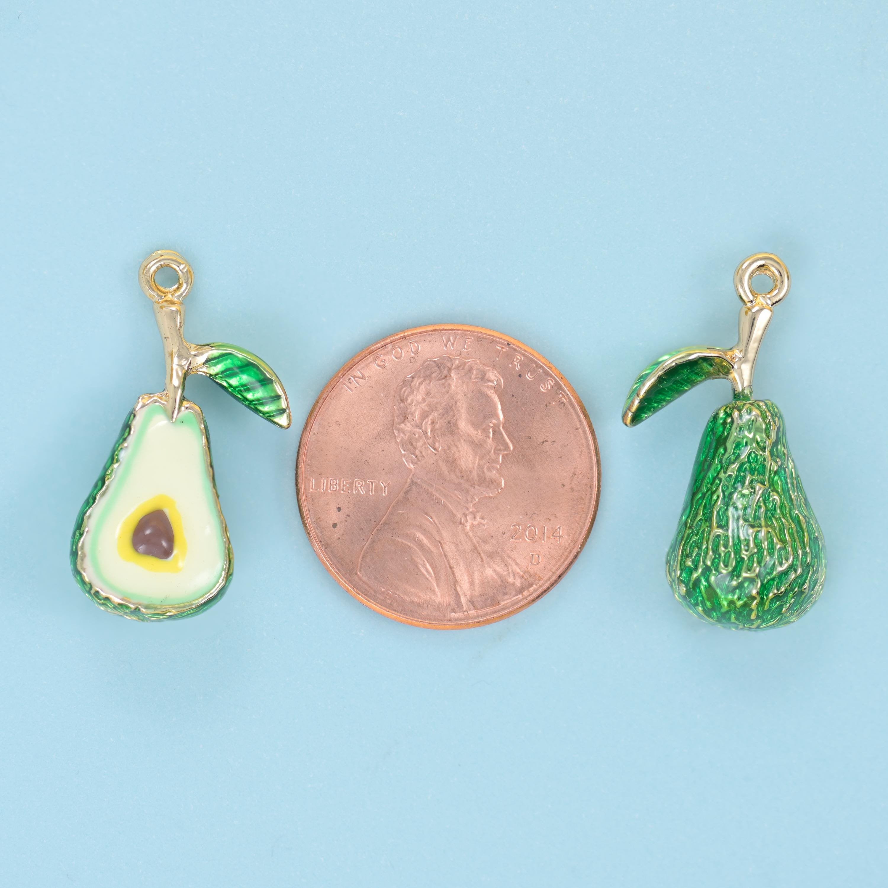 18K Gold Filled Enamel Avocado Charm 18x10mm in deep green with pale yellow-green flesh and a glossy brown pit