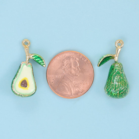 18K Gold Filled Enamel Avocado Charm 18x10mm in deep green with pale yellow-green flesh and a glossy brown pit
