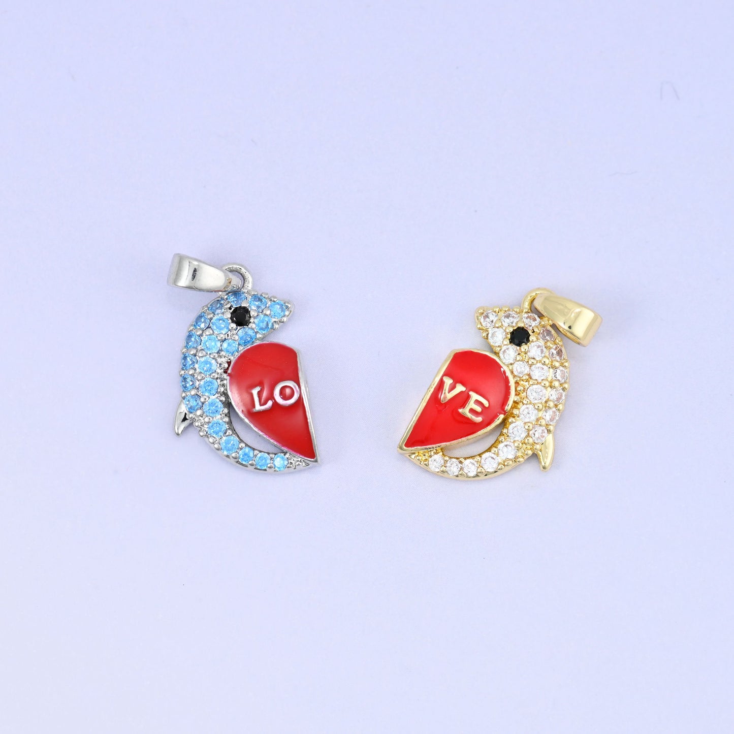 Dolphin love heart pendants with zircon accents and pale blue enamel, magnetic pair