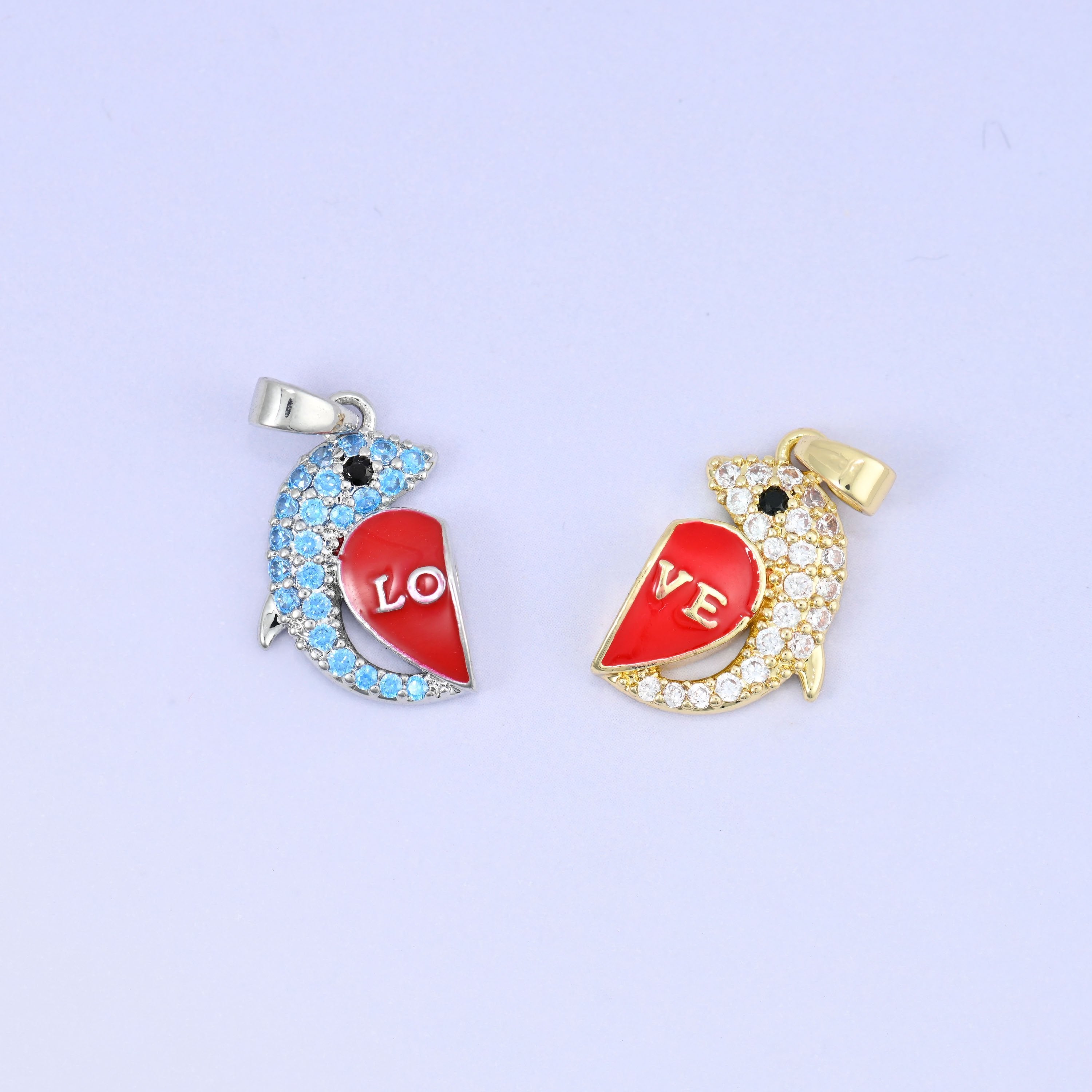 Dolphin love heart pendants with zircon accents and pale blue enamel, magnetic pair