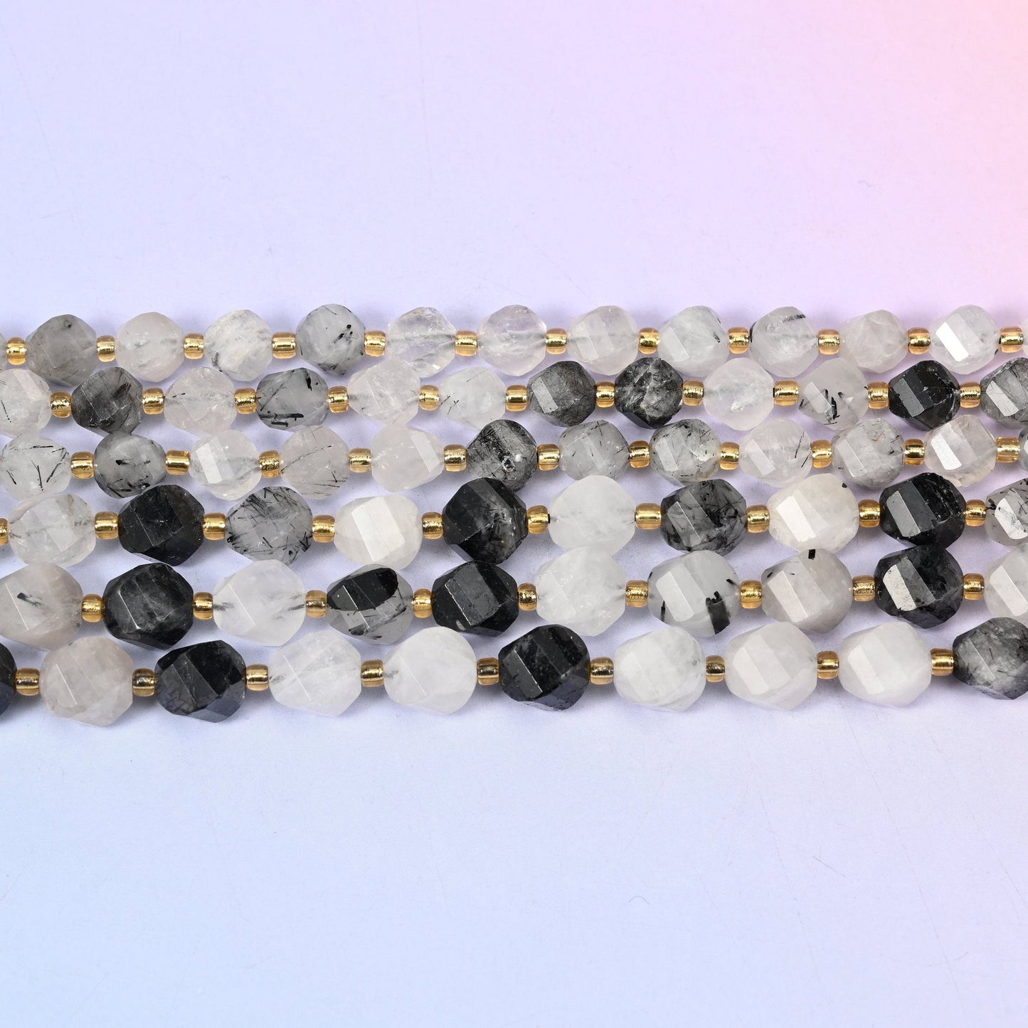 Black Rutilated Quartz Faceted Spiral Twist Beads 8mm 10mm in clear to snowy white with jet-black needle inclusions