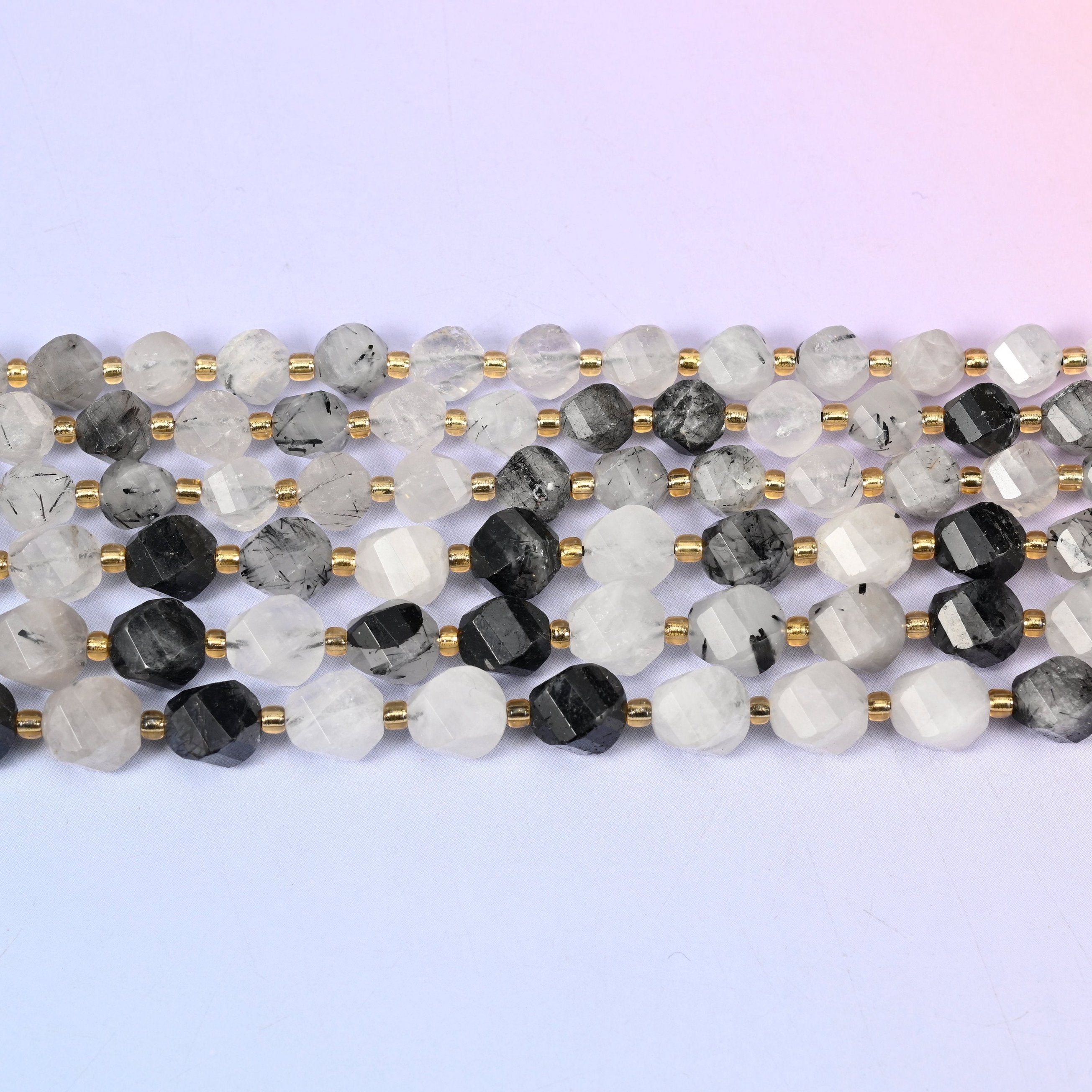 Black Rutilated Quartz Faceted Spiral Twist Beads 8mm 10mm in clear to snowy white with jet-black needle inclusions