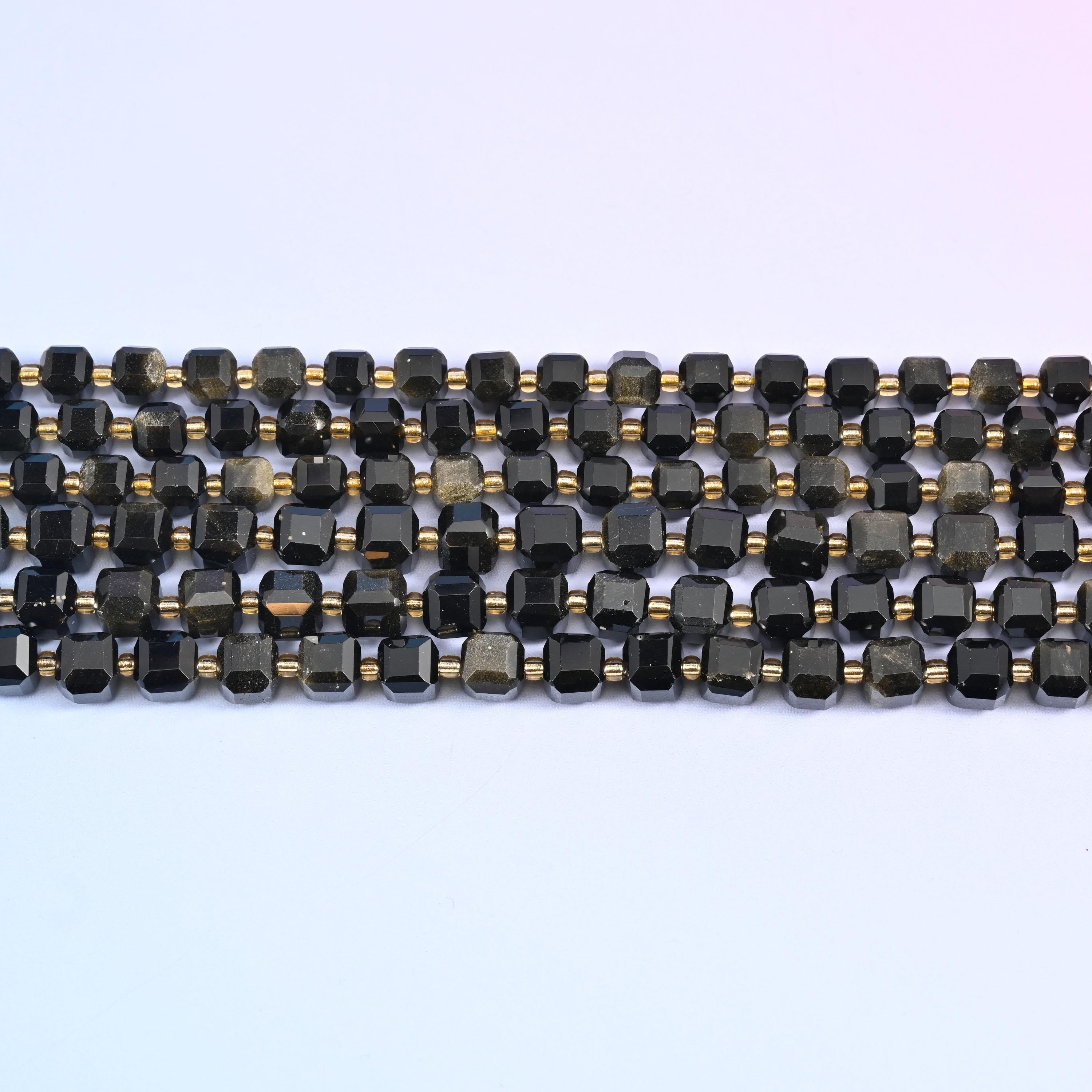 Gold Obsidian Faceted Cube Beads in glassy black with olive-gold shimmer